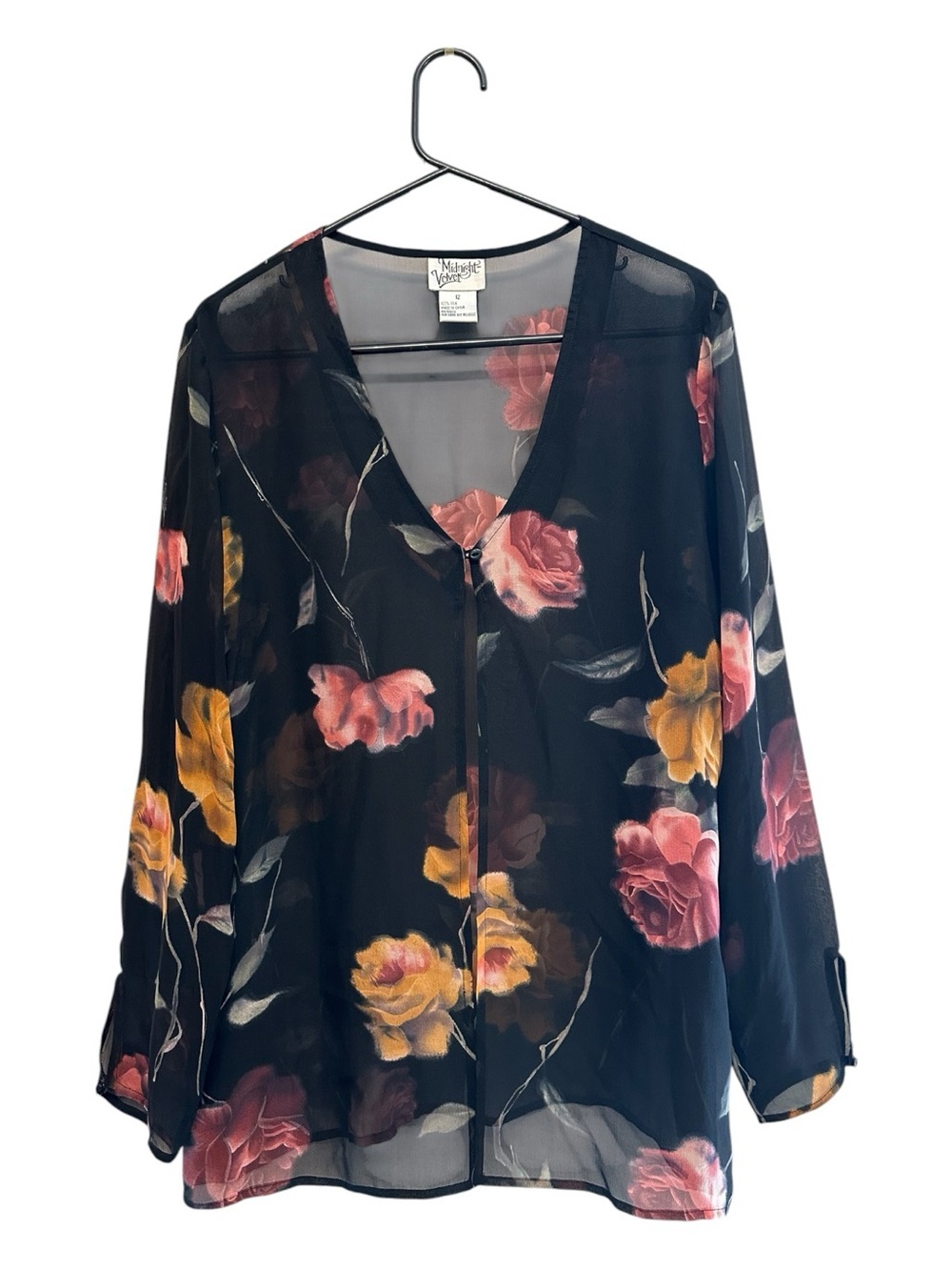 Vintage 90’s Midnight Velvet Black Floral Sheer Cardigan - 100% Silk Size 12